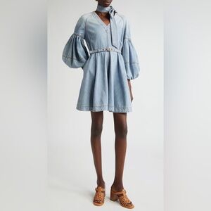NWOT Zimmermann Puff Sleeve Belted Denim Dress w/ Removable Tie 2 US8